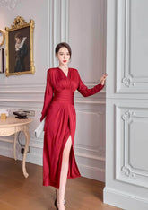 V-Neck Side Slit Empire Waist Midi Dress